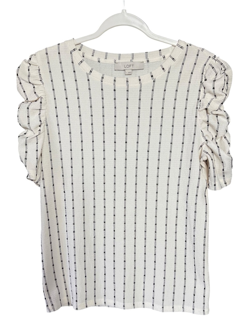 LOFT Ivory Knit Top with Black Pinstripes and Ruffled Sleeves